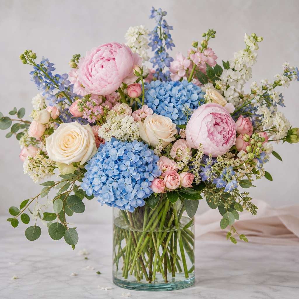 Pastel bouquet in a clear glass vase